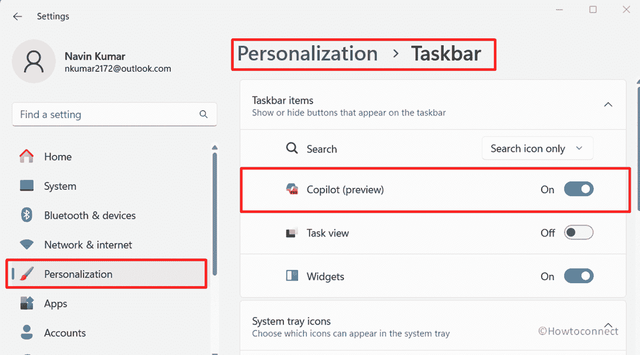 Settings Personalization Taskbar Windows Copilot