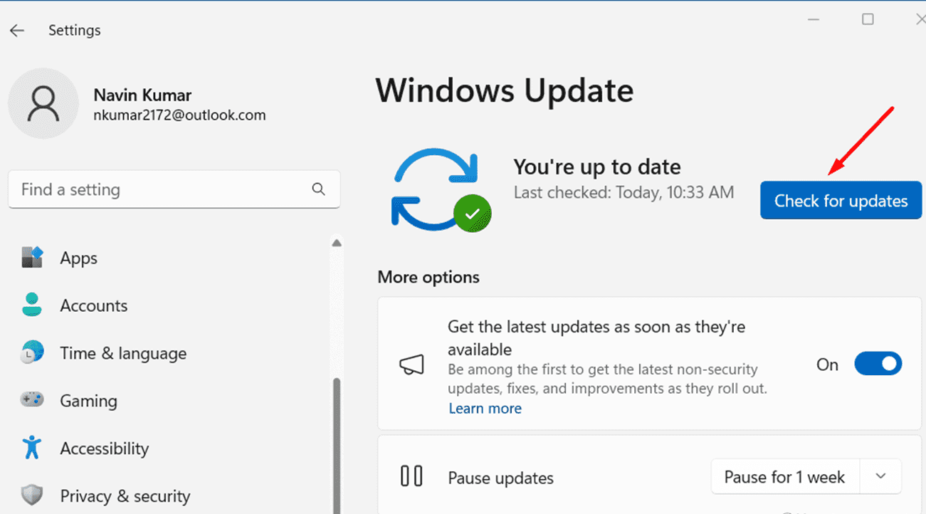 Settings Windows update check for updates button in the right panel of the app
