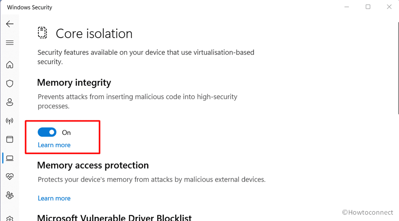 Turn on Memory Integrity core isolation