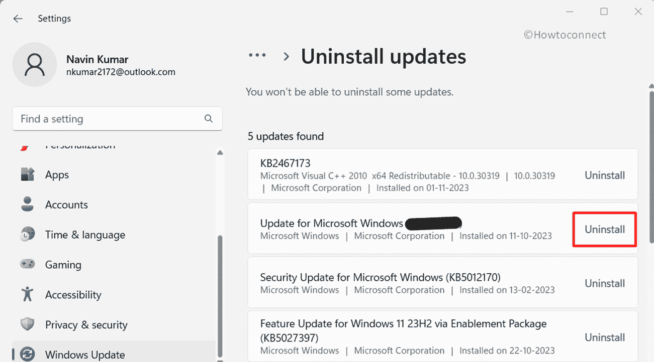 Uninstall recent Windows Update from settings update history