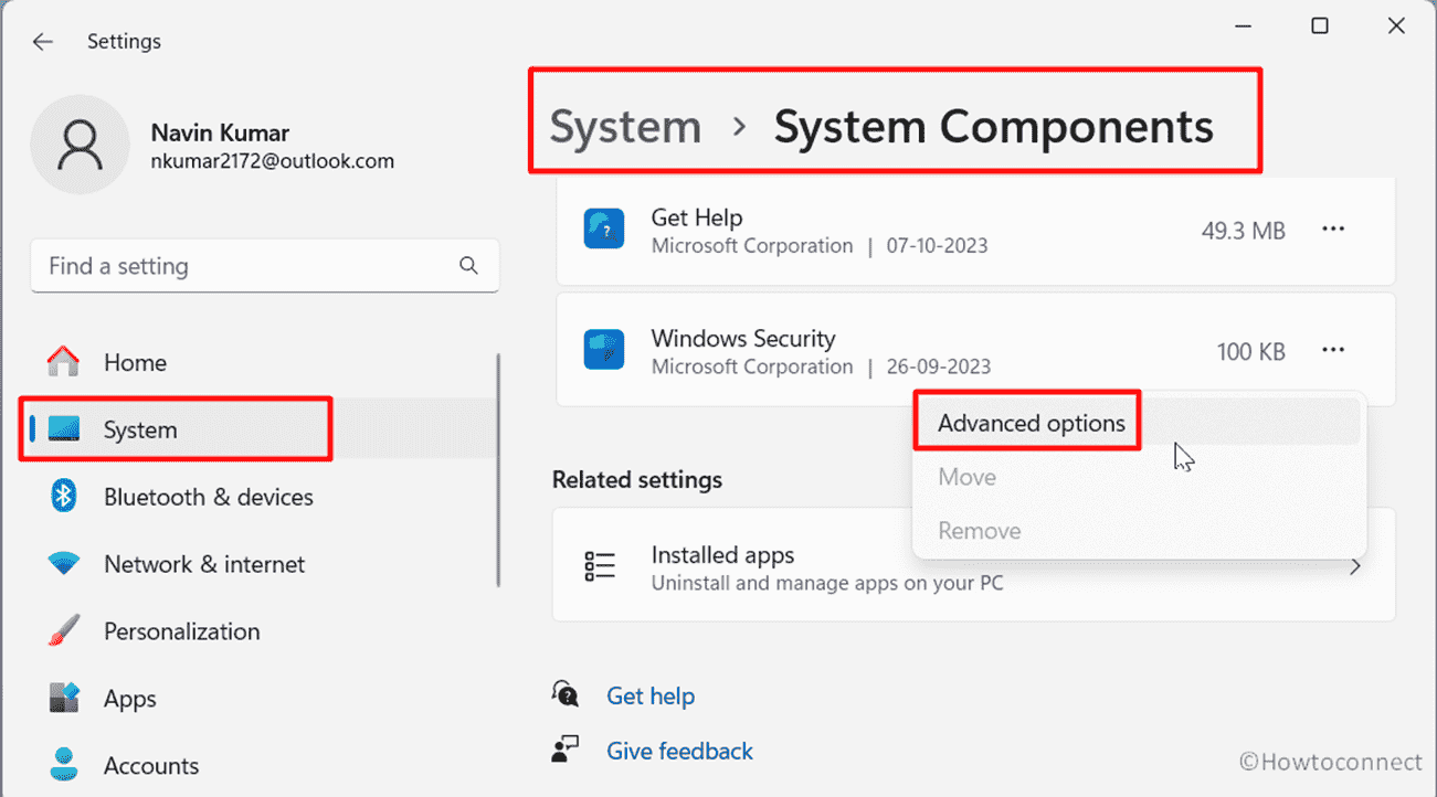 system component windows security advanced options