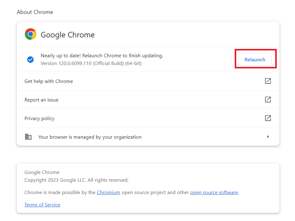 Google Chrome update relaunch button