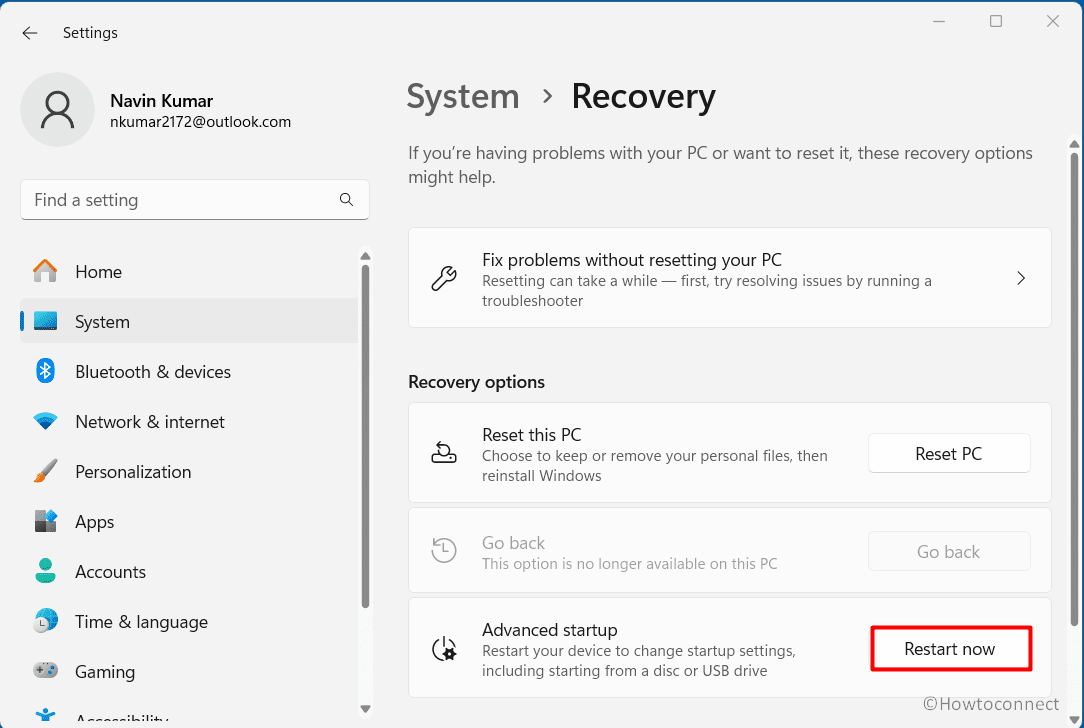 Settings System recovery advanced startup recovery