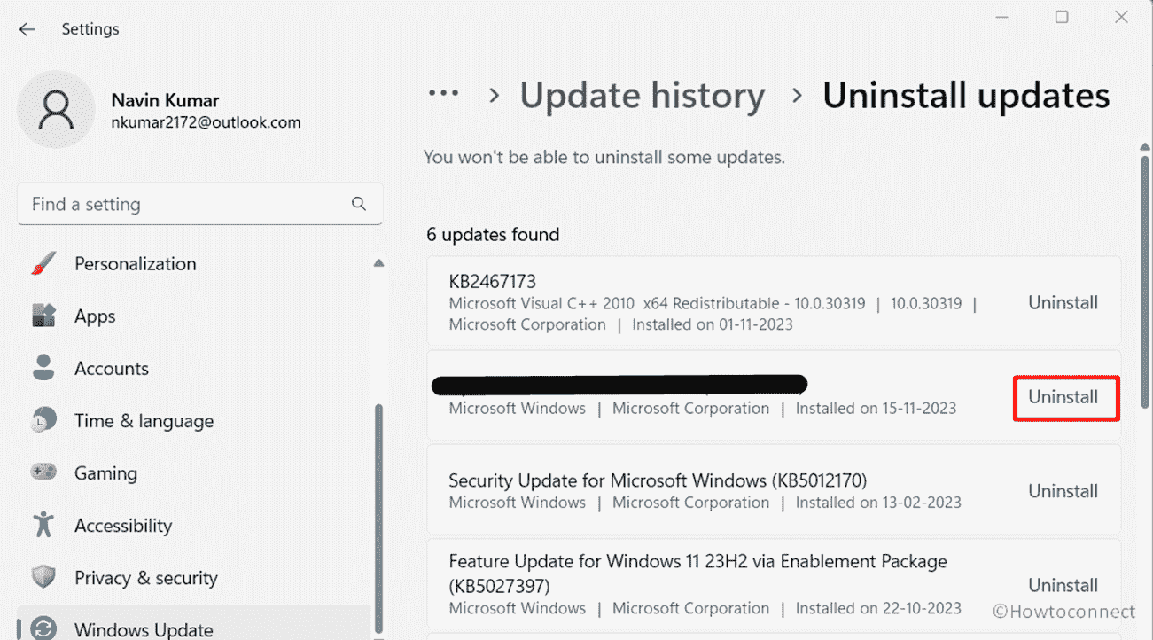 Windows update history uninstall