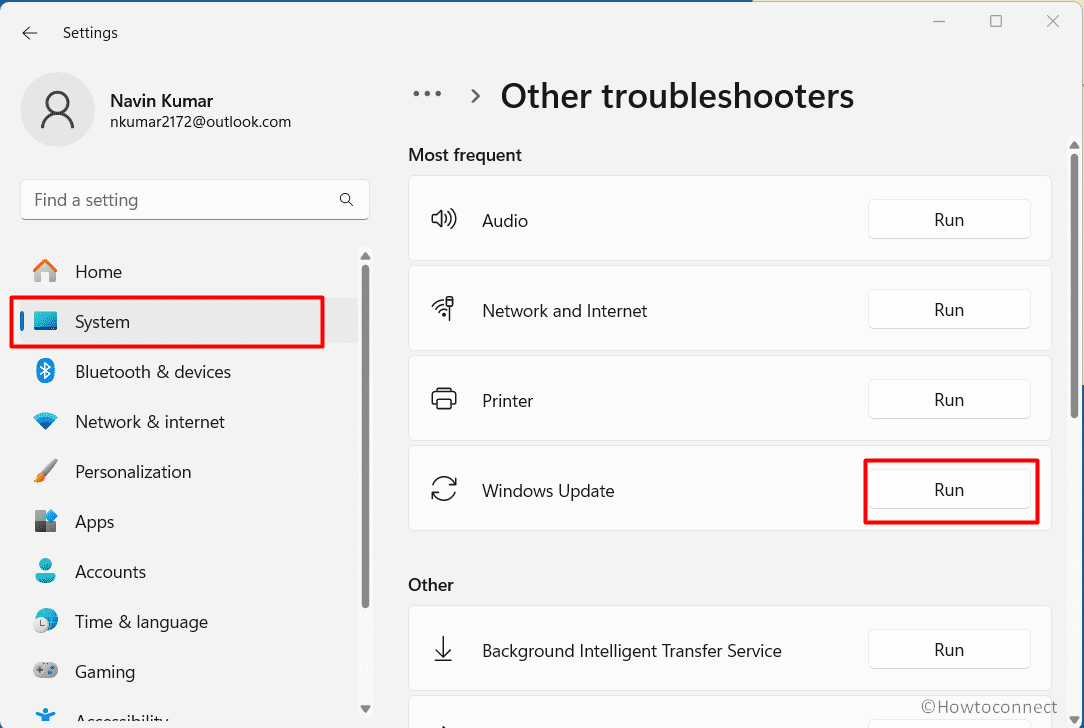 Windows update troubleshooter system settings application