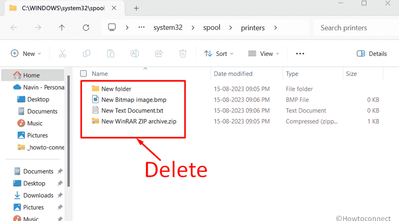 delete all content from the Printer Folder