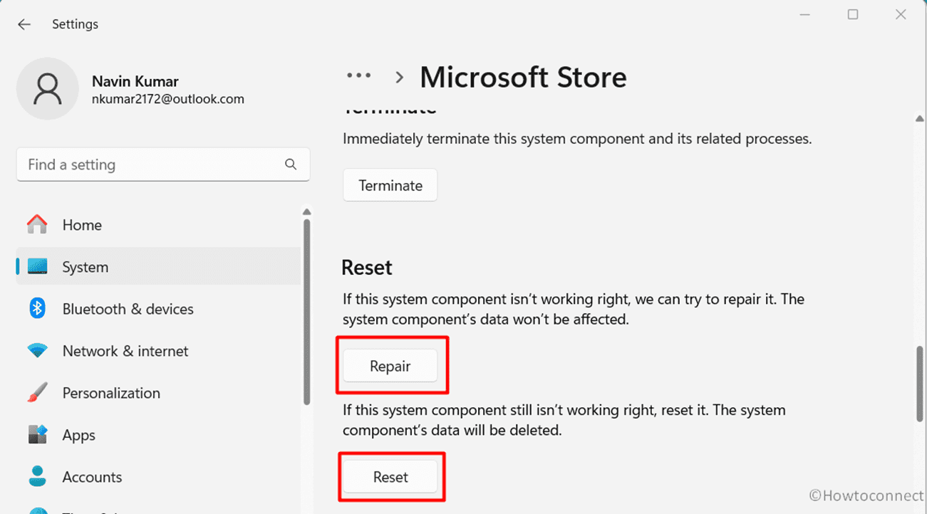 settings system components microsoft store advanced option reset and repair