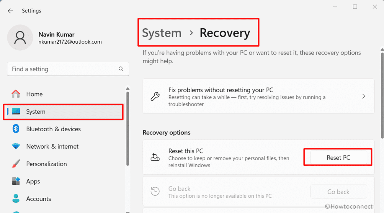 settings system recovery reset pc right pane