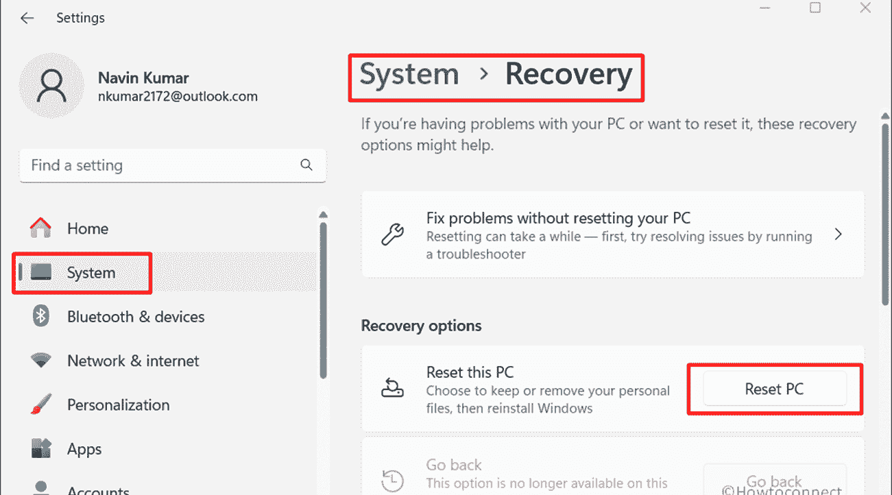 settings system recovery reset pc