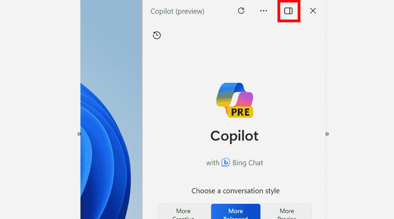 undock Copilot in Windows icon in uppermost right in the header