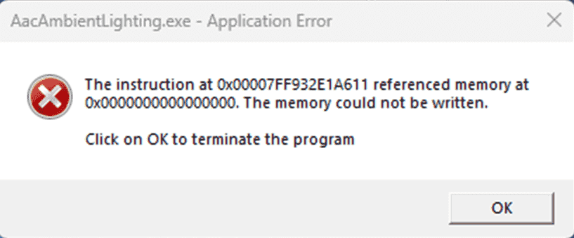 AacAmbientLighting.exe Application error