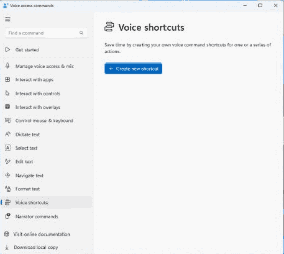 New voice shortcuts tab for creating custom commands in voice access