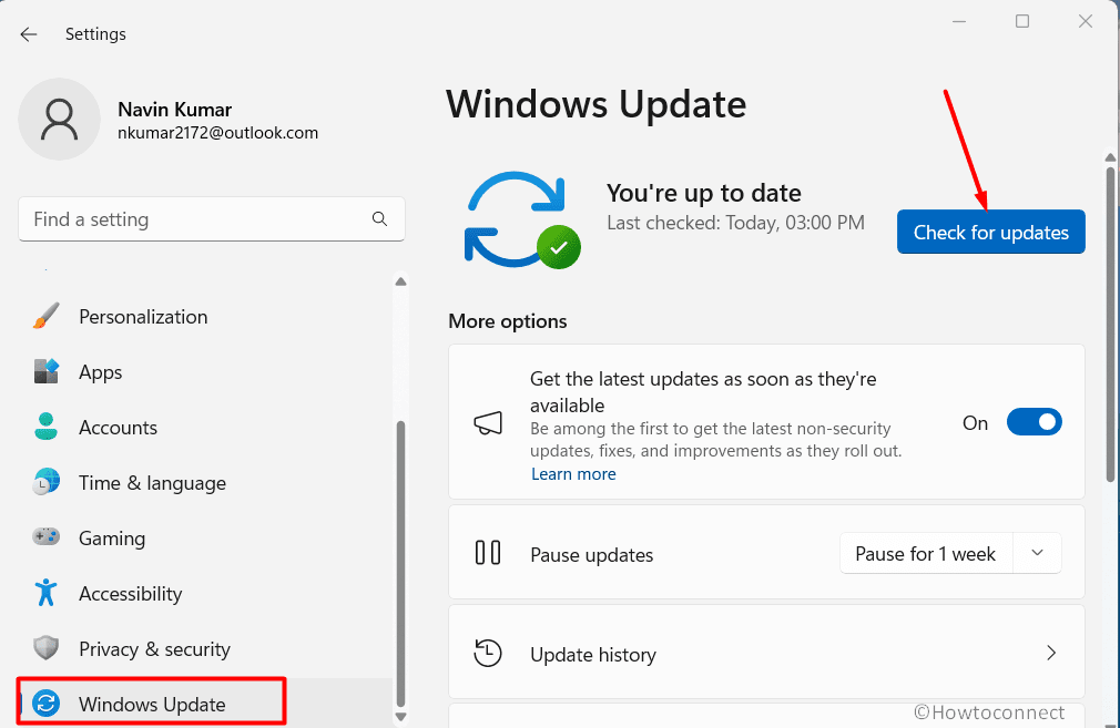 Settings Windows Update Check for updates