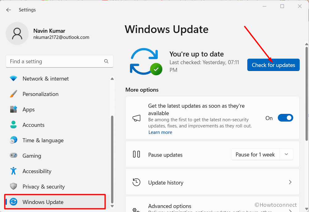 Settings windows update check for updates