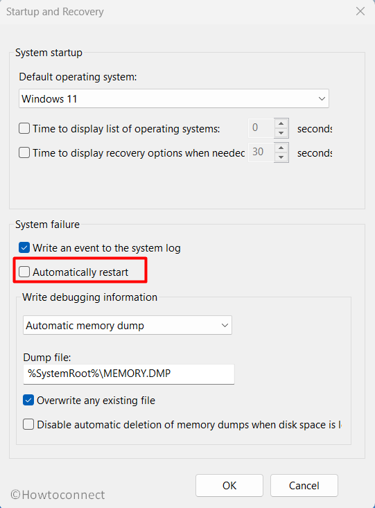 System Properties Settings Startup and Recovery disable Automatically restart