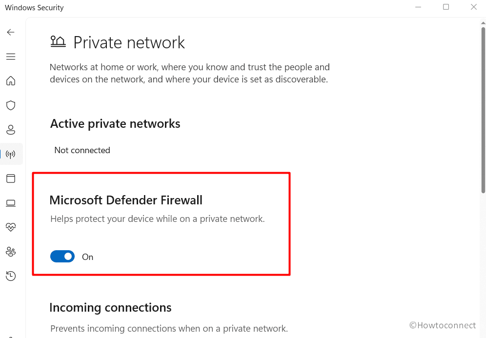 Windows Security app firewall and network protection private Microsoft defender firewall turn off