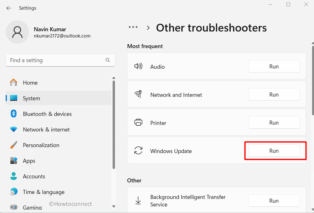 Windows update troubleshooter in settings app