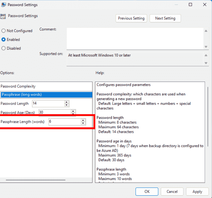 policy setting for New passphrase feature in Windows LAPS
