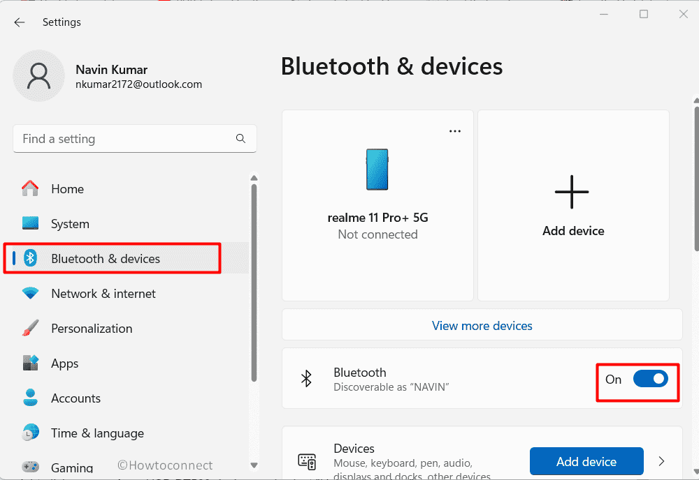 settings buetooth & devices toggle