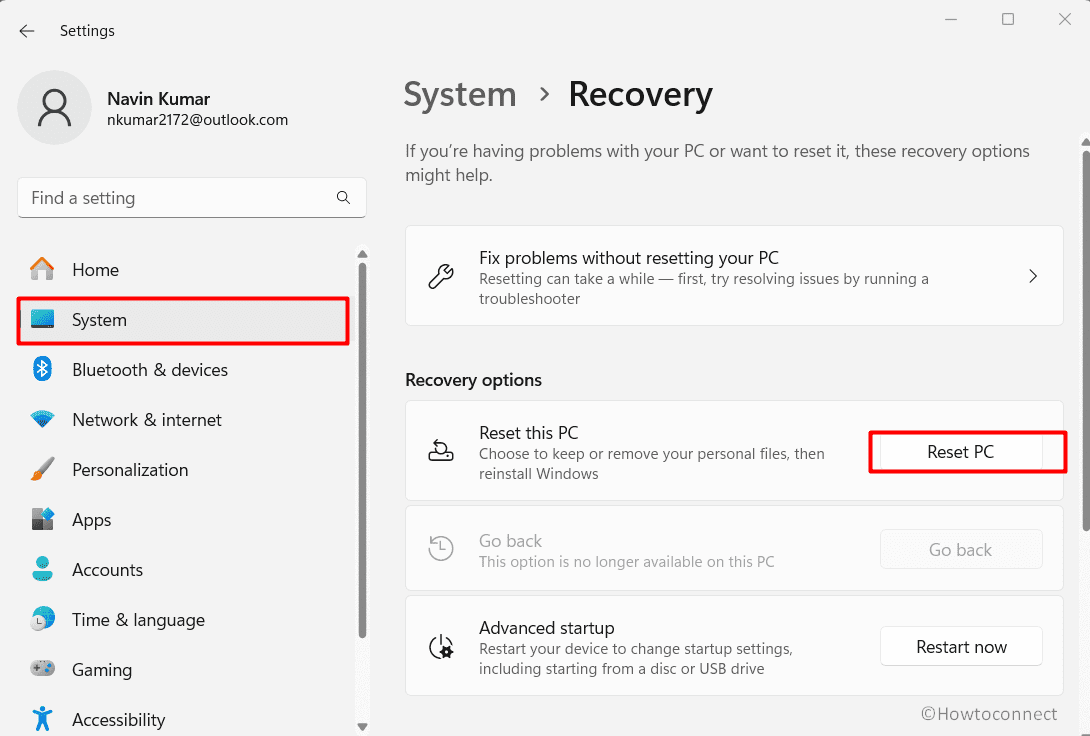 settings system recovery reset pc advanced options