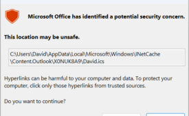 Microsoft Outlook security notice This location may be unsafe