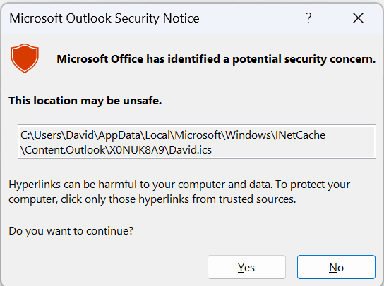 Microsoft Outlook security notice This location may be unsafe