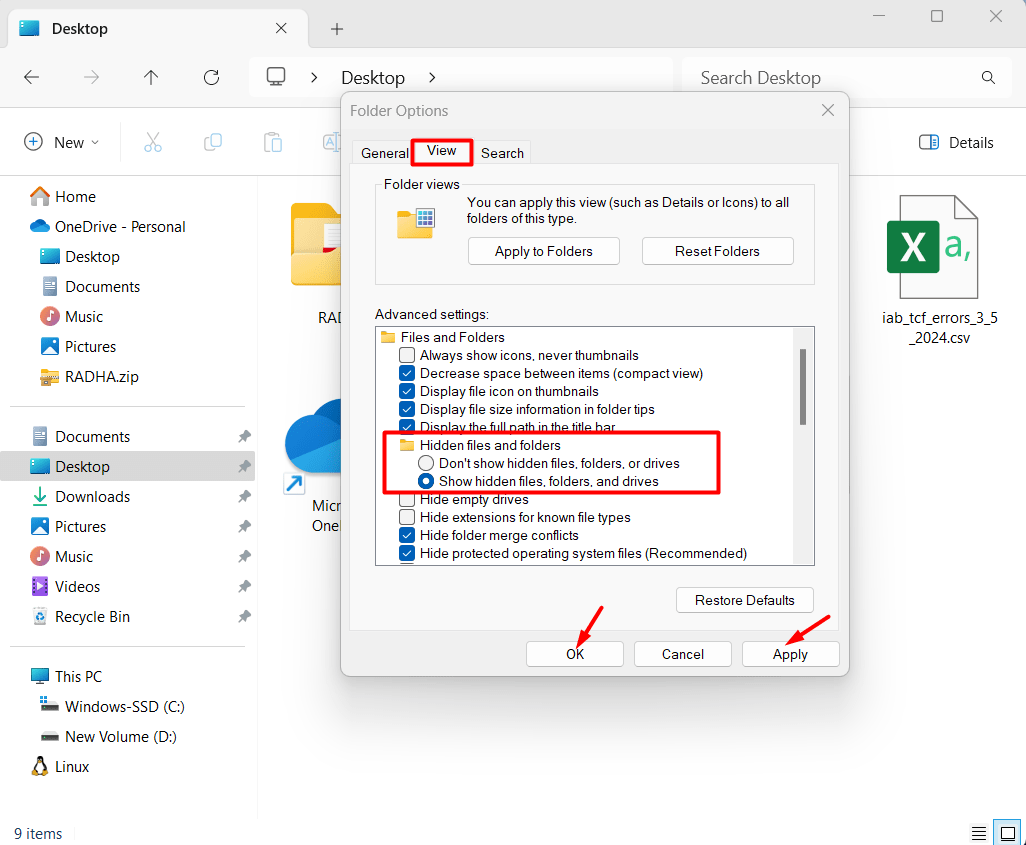 Hidden Files and Folders advanced settings View File Explorer