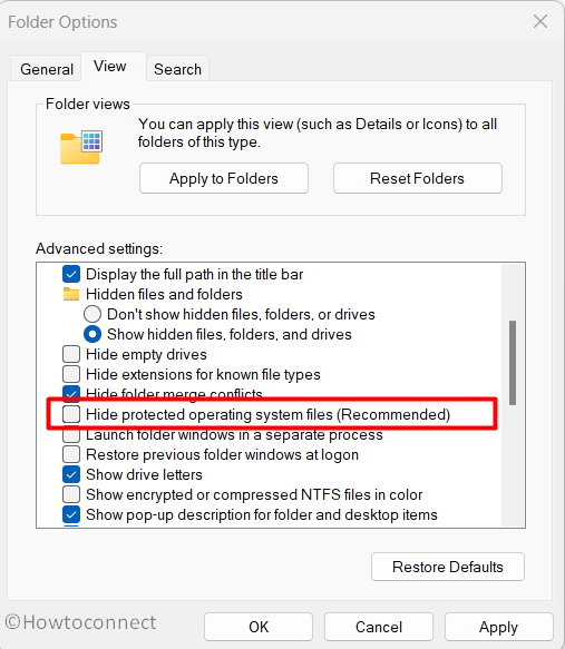 Hide protected operating system files (Recommended) folder option