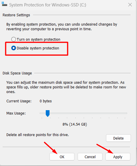 restore settings disable System Protection