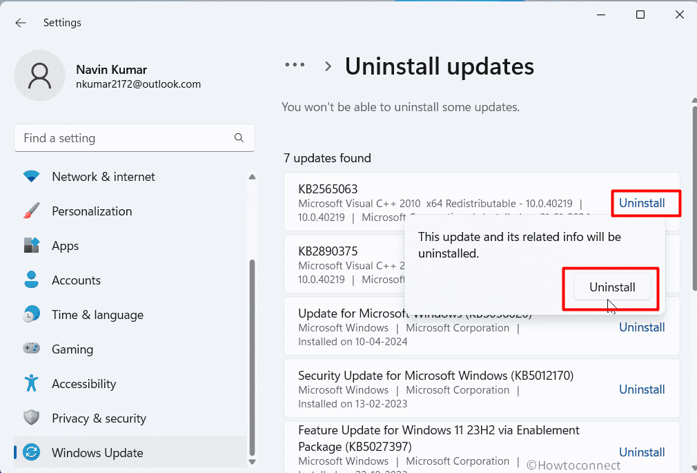 Remove the received Windows update Settings Windows update history