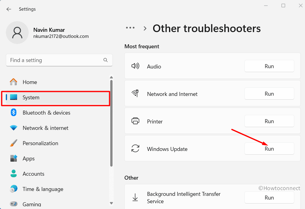 Run Windows update troubleshooter settings system