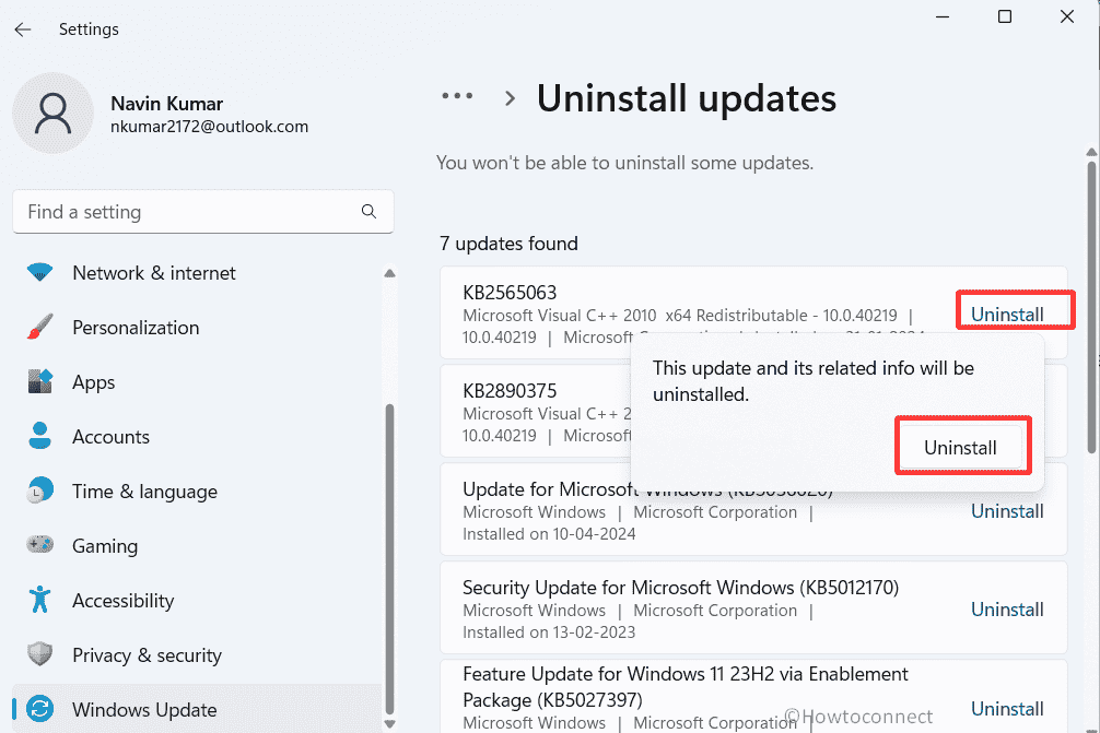 Uninstall updates settings