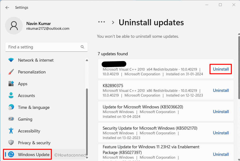 Windows update uninstall from settings app