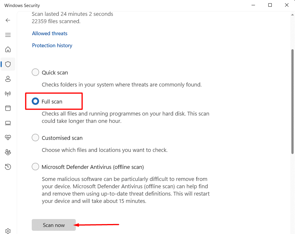perform full scan with windows defender