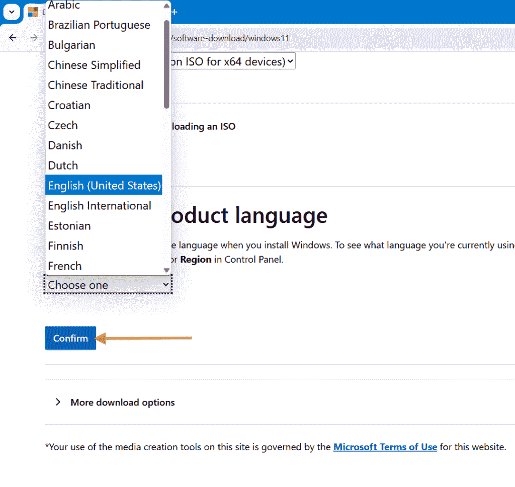 Choose one language drop-down