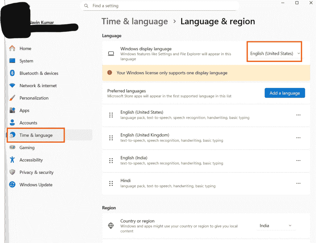 Windows display language