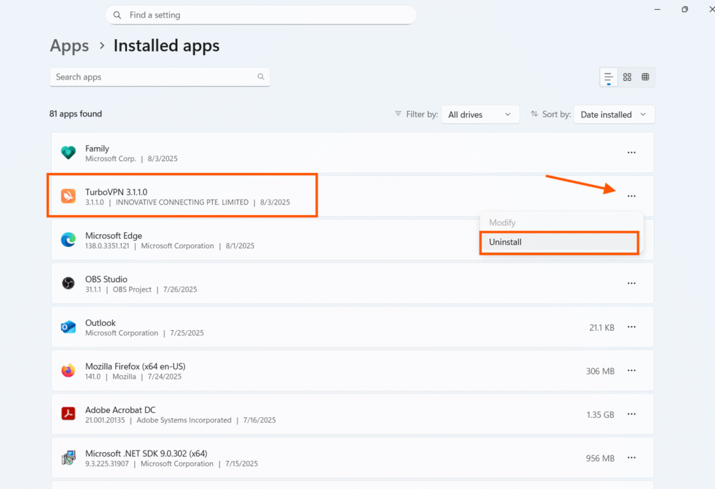 Installed apps in the list on settings
