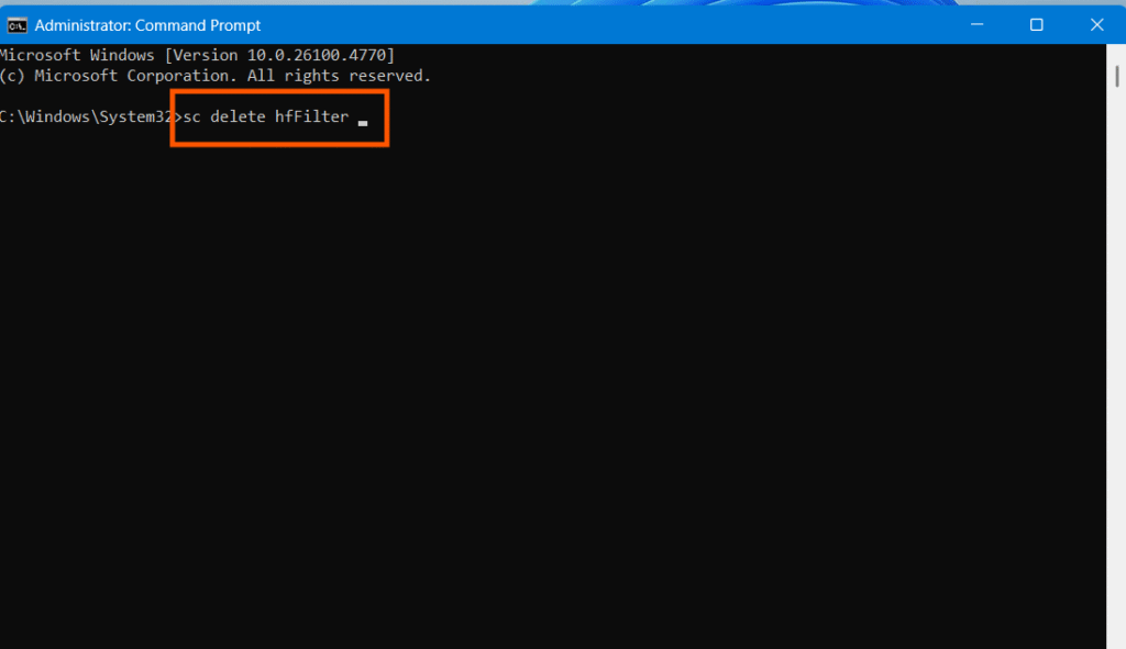 delete hfFilter.sys