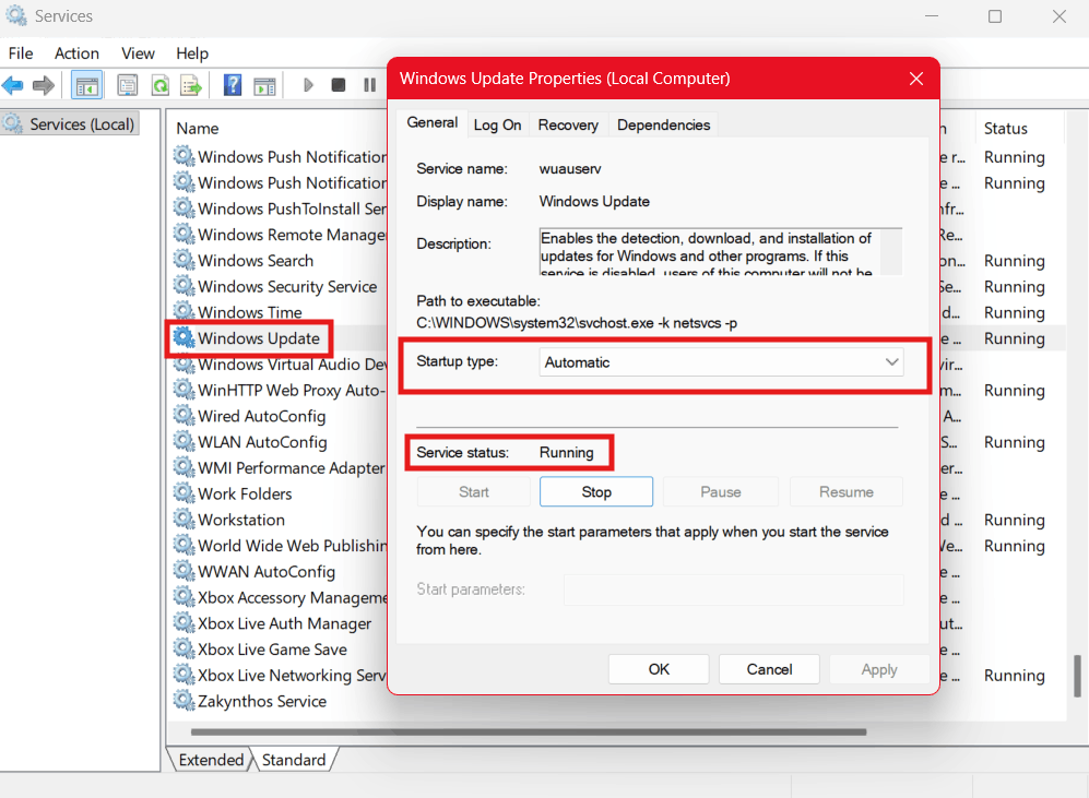Modifying the windows update Service settings