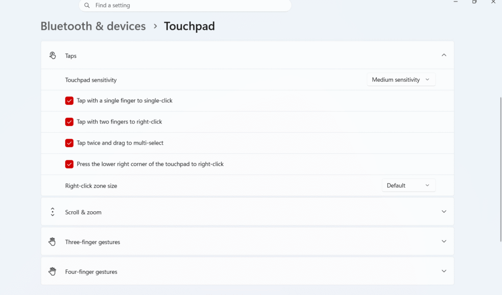 touchpad taps, sensitivity and gestures settings to fix Cursor moving randomly on its own in Windows 11