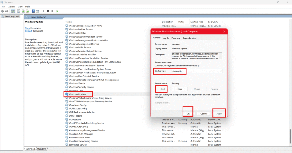 windows update service automatic start