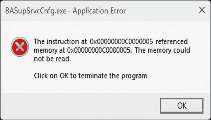 Basupsrvccnfg.exe application error