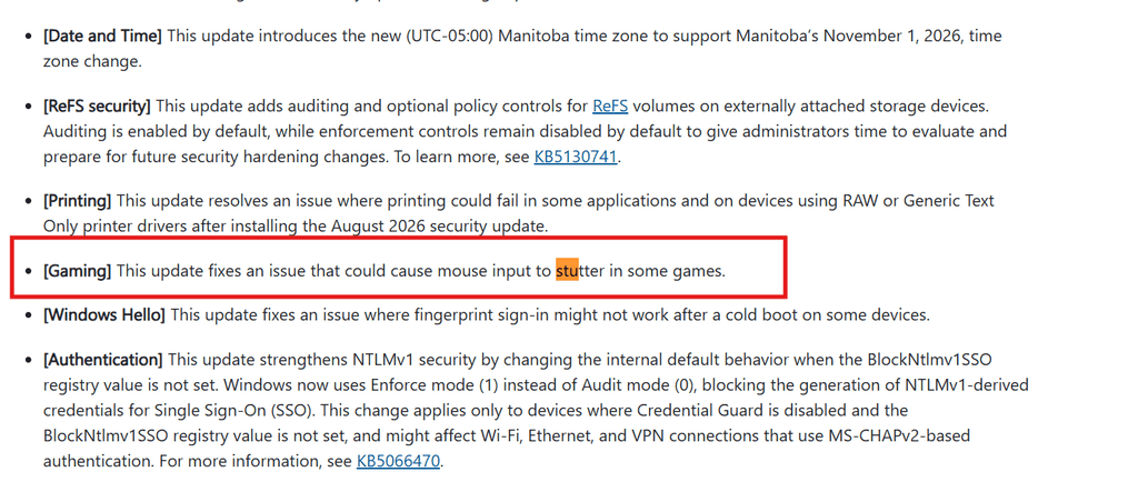 Mouse stutter fix in games (KB5127648)