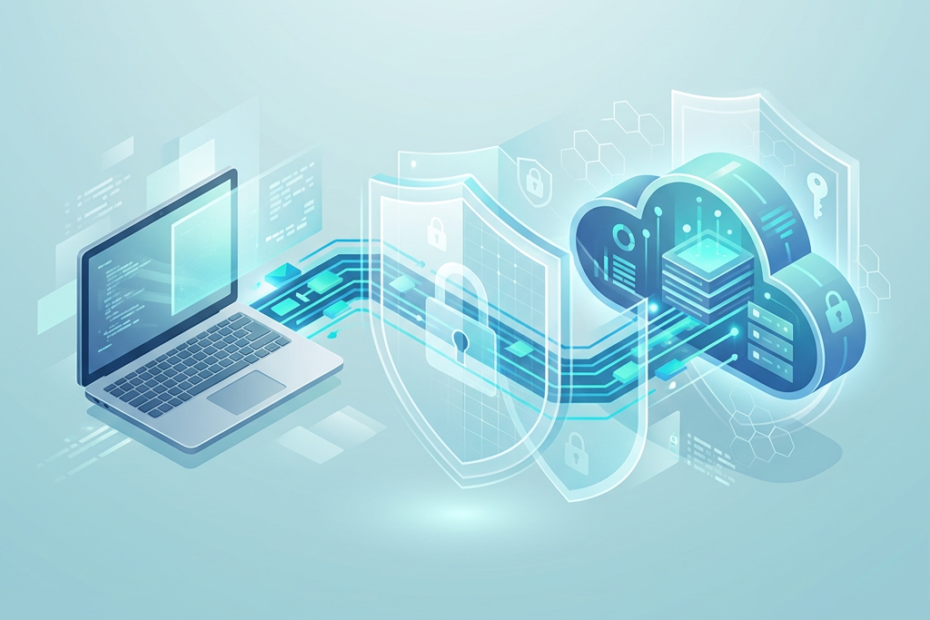 Laptop connected to secure cloud storage behind digital security shields