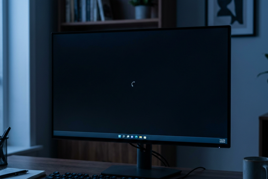 Desktop monitor showing a loading spinner above a keyboard and mouse