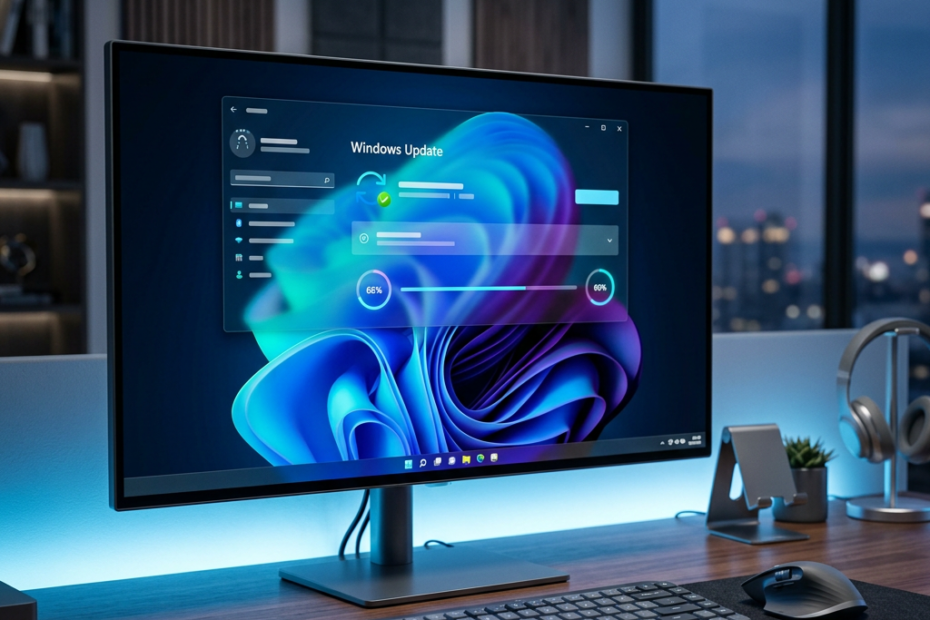 Desktop monitor displaying a Windows Update screen in a modern workspace