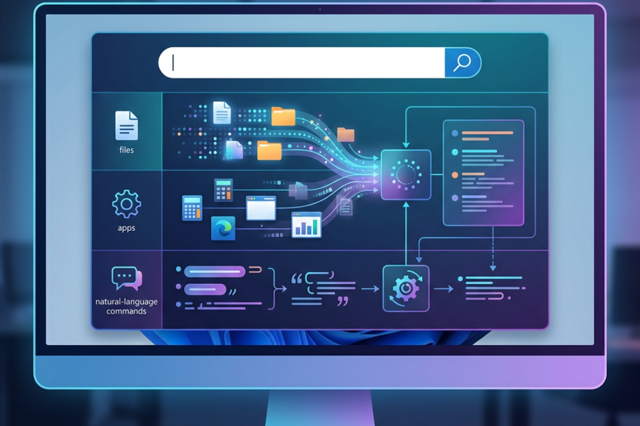 Interface showing files, apps, and natural-language commands connected to search tools