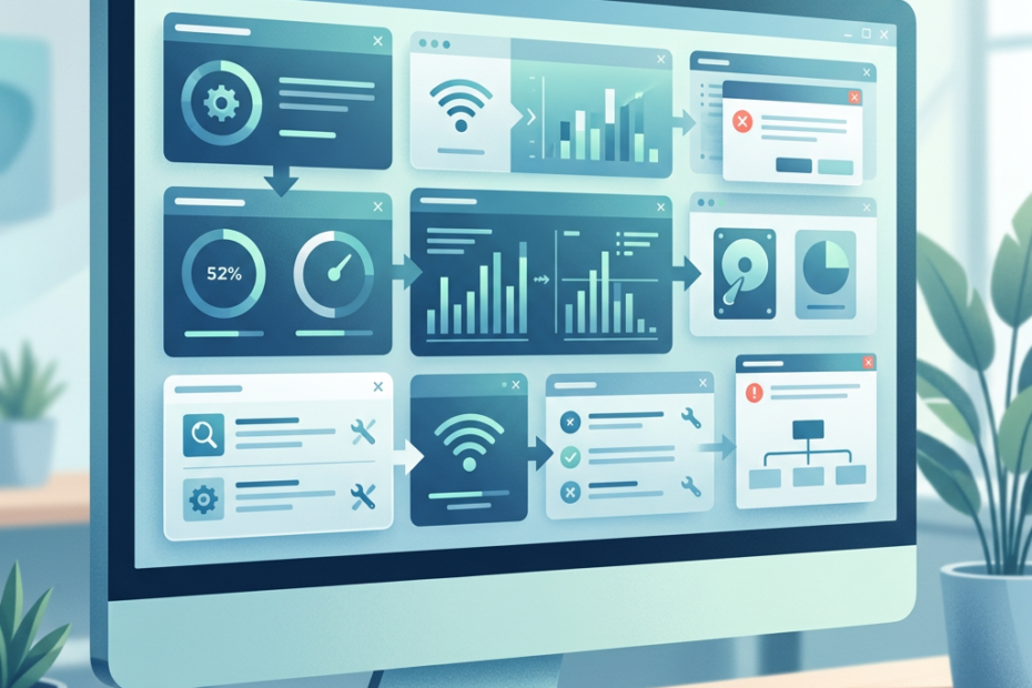 Monitor displaying analytics dashboards, charts, network icons, and workflow diagrams