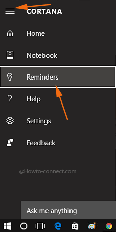 Cortana Hamburger Reminders option