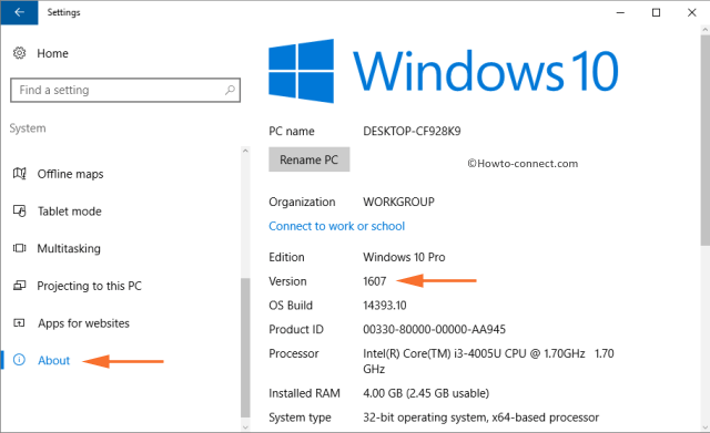 Windows About Version 1607
